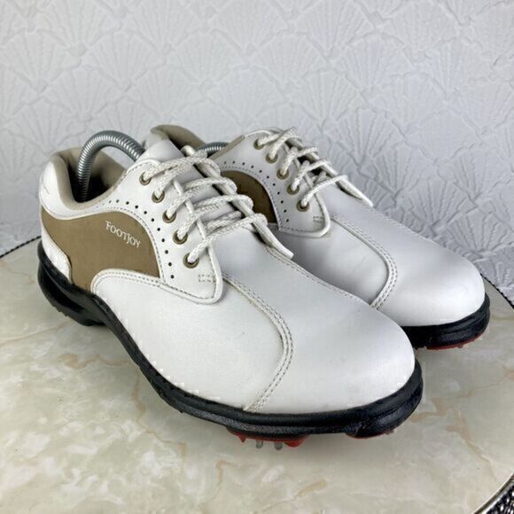 FootJoy Golf Shoes Womens 7 White Brown GreenJoys Soft Spikes Lace Up Sneakers - Picture 2 of 12